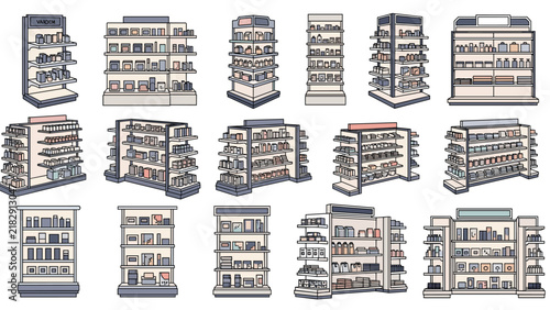Large set of supermarket display shelves and retail racks filled with cosmetics, perfumes, and beauty products.
