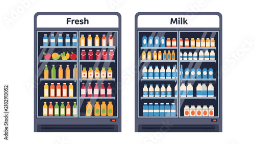 Supermarket drink refrigerators displaying rows of fresh fruit juices and milk bottles behind glass doors.