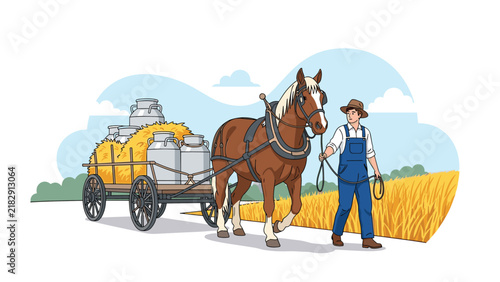 Dedicated farmer walking with a brown horse pulling a heavy wooden cart full of fresh milk cans along golden wheat field.