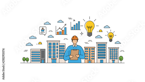 Civil engineer holding a clipboard standing in front of modern city buildings, data graphs, and creative ideas.