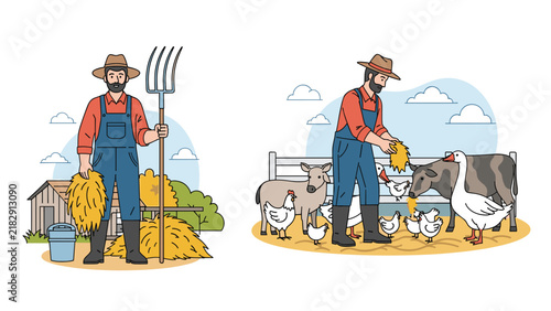 Traditional farmers working on a sustainable farm holding a pitchfork and feeding diverse farm animals and poultry.
