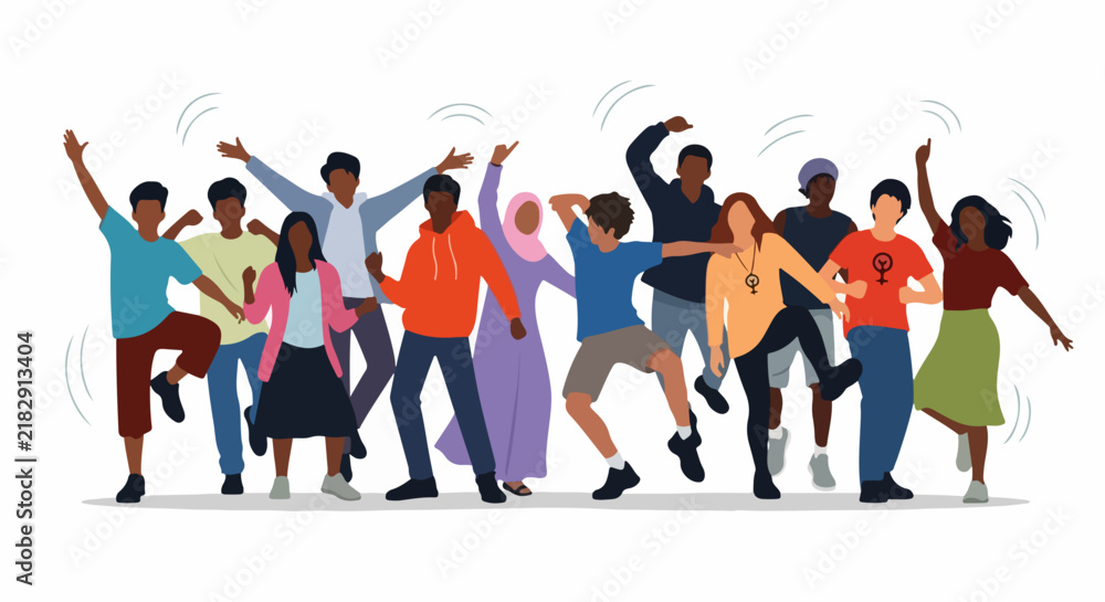 Obraz premium Diverse group of young people dancing and celebrating together in flat vector illustration style. Diverse group of smiling friends enjoying party with vibrant colorful clothing.