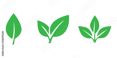 Set of green leaf icons representing growth, nature, ecology, and organic plant life symbols