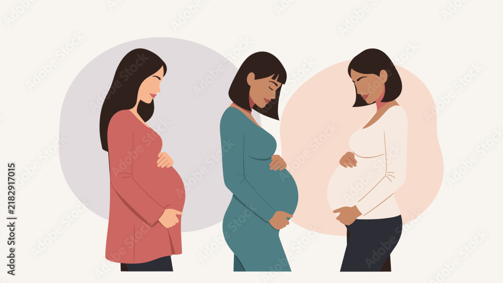 Fototapeta premium Three pregnant women of different ethnicities standing in profile, gently cradling their baby bumps together.