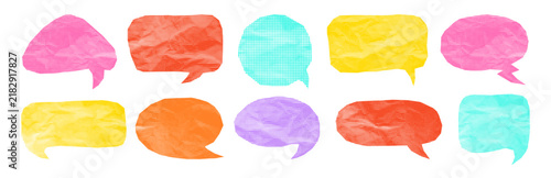 Halftone crumpled paper speech bubble set. Torn wrinkled texture cutout dialog balloons with gritty dotted pattern. Punk distressed text box for social media, banner and poster vector design