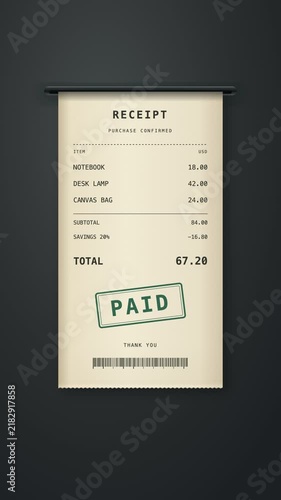 A paper receipt prints item by item, shows a discount and paid stamp, then detaches against a graphite background, vertical seamless loop