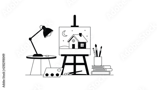 Black and white outline of an art studio workspace with a painting of a house on an easel, desk lamp, palette, brushes, and books.