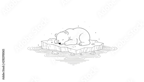 Black and white outline of a cute baby polar bear sleeping peacefully on a small floating iceberg in the middle of a calm sea.