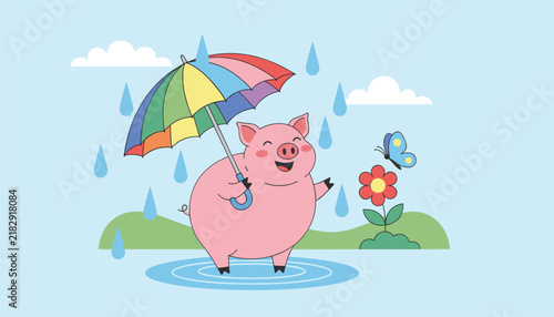 Joyful pink pig holding a rainbow umbrella stands in a puddle during a fresh rain shower next to a blooming flower.
