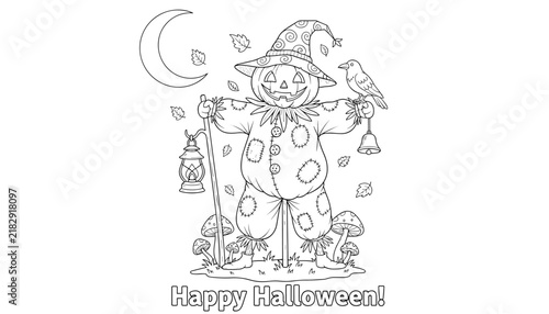 Halloween coloring page featuring a friendly pumpkin head scarecrow holding a lantern, with a crow on his arm under the moon.