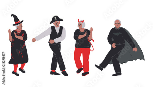 Halloween party. Elderly people in Halloween costumes are Dancing and having fun. Positive active seniors. Vector illustration