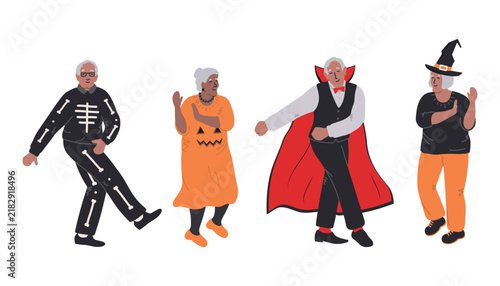 Halloween party. Senior people in Halloween costumes are Dancing and having fun. Sceleton, Vampire, Pumpkin, Witch. Vector illustration