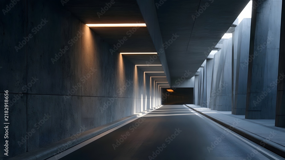 Obraz premium Modern concrete tunnel with recessed lighting and smooth asphalt road leading into distance under structured architectural design