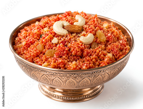 Gajar Halwa With Cashews and Raisins in Ornate Copper Bowl