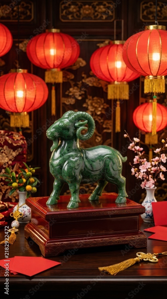 Fototapeta premium Green jade goat statue on a wooden stand with red envelopes and plum blossoms. Luxury traditional Chinese Lunar New Year background