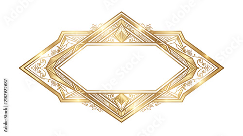 Elegant golden art deco style geometric frame with intricate vintage filigree details isolated on transparent background