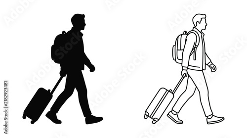 Bild auf Leinwand Traveler with rolling suitcase and backpack black silhouette and line art