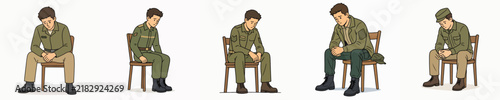 Quadro su tela A set of vector illustrations featuring a male soldier sitting with his head bowed in dejection, deep in thought about his problems