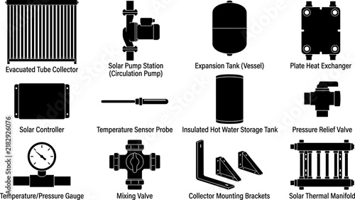 Solar Thermal Heating System Components Vector Silhouette Icon Set