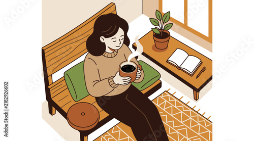 Young woman relaxing on wooden bench holding hot mug of coffee near window illustration. EPS Editable