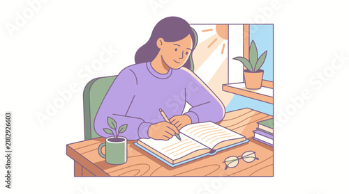Young woman sitting at wooden desk writing in notebook near sunny window illustration. EPS Editable