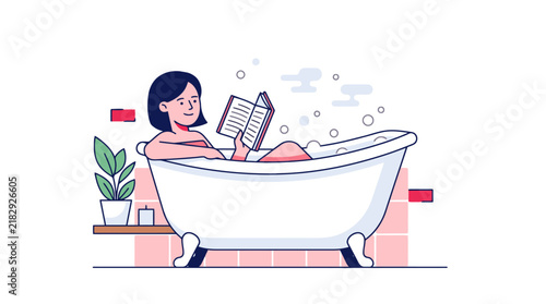 Young woman relaxing in bathtub reading a book vector illustration of self care routine. EPS Editable