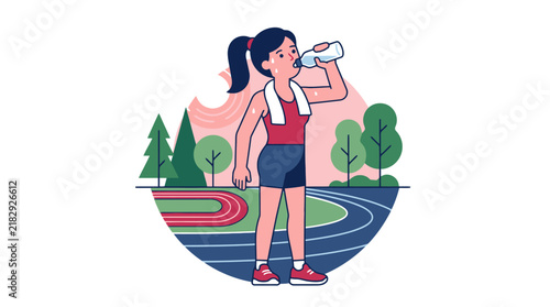 Young woman drinking water after workout outdoor on running track vector illustration. EPS Editable