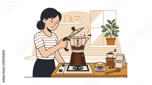 Young woman brewing fresh espresso coffee with moka pot on kitchen stovetop illustration. EPS Editable