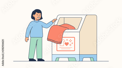 Young woman putting a blanket into washing machine vector illustration. EPS Editable