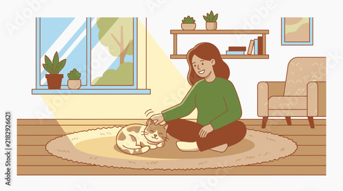Young woman sitting on rug petting her cat in cozy sunlit living room vector illustration. EPS Editable