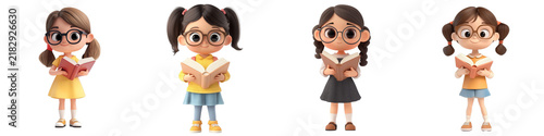 4 Cartoon girls reading books, 3D render, isolated on transparent background, Children, Education, Study
