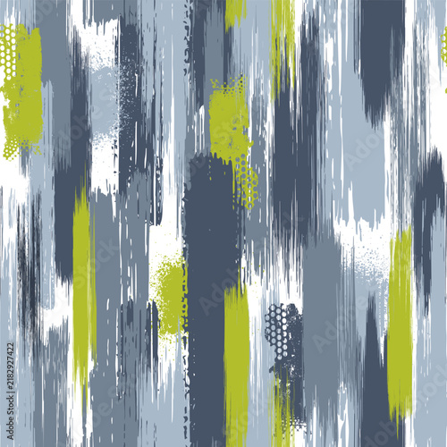 Abstract seamless print. Grunge texture background with stripes, spots in grey and green colors. Fashion urban style