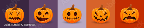 Set of Halloween pumpkins with scary and funny faces isolated on  color backgrounds for holiday Happy Halloween. Vector illustration.