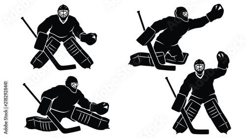 Photography Ice hockey goalie poses are depicted in black silhouette