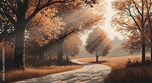 Winding road through a peaceful autumn forest with warm sunlight filtering through the dense trees with woodland landscape filled