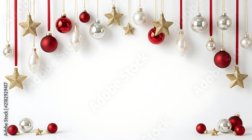 Hanging red and silver Christmas baubles alongside glittery gold stars suspended on ribbons against plain white background creating clean holiday card.