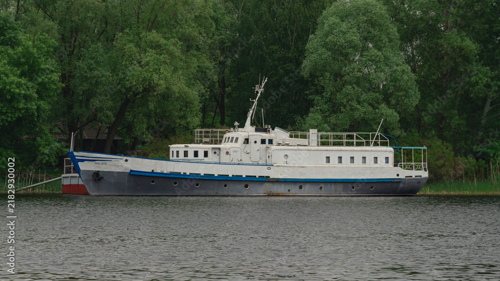 Fototapeta premium White passenger motor ship moored near lush green forested riverbank