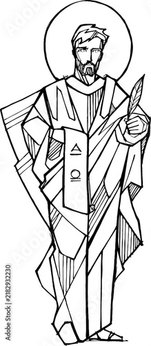 Photography Saint Matthew holding Gospel scroll line art