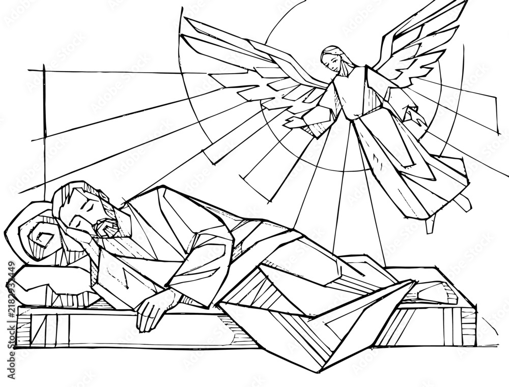 Fototapeta premium Sleeping Saint Joseph with angel line art