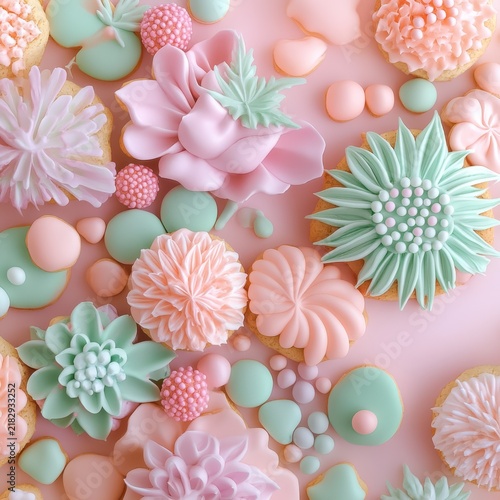 Colorful decorated cookies arranged in a flat lay with candy-inspired details. Soft pastel tones create a cheerful dessert composition.