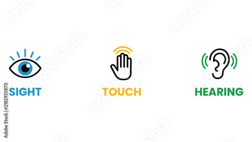 The Five Senses: A clear illustration depicting the human senses of sight, touch, and hearing, represented by distinct icons, symbolizing perception and awareness.
