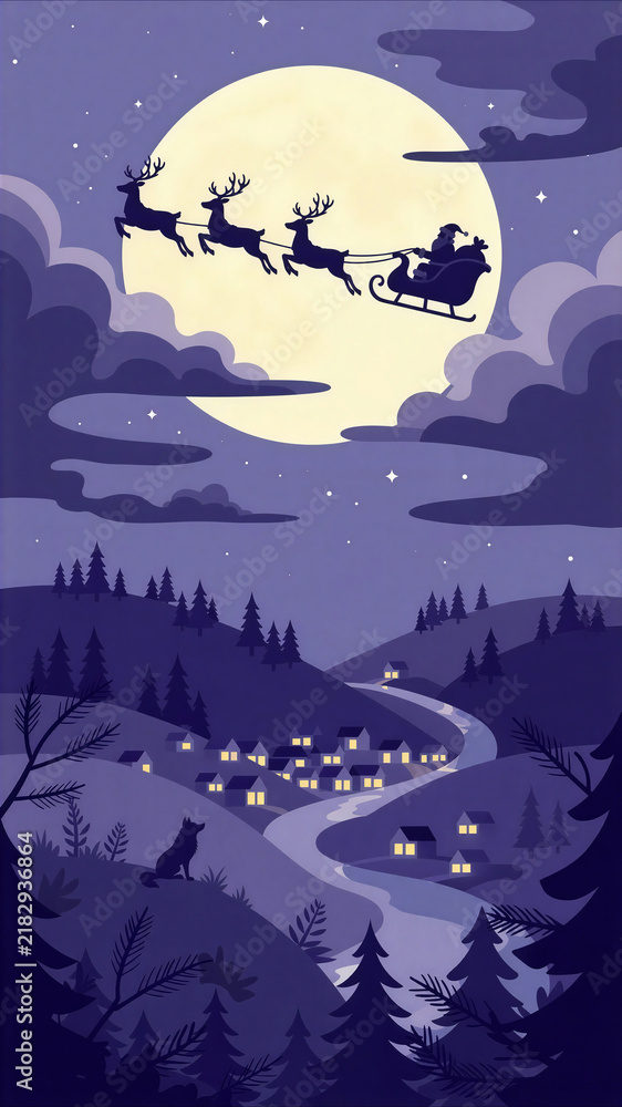 Fototapeta premium Santa sleigh silhouette crossing the moon above a snowy village