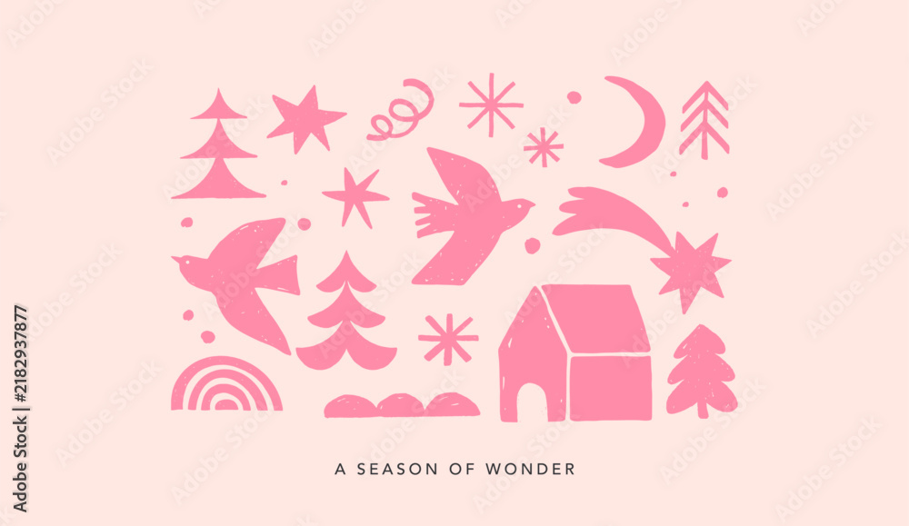 Obraz premium Vintage season of wonder pastel Christmas background in Nordic folk style with hand drawn birds, trees, stars, snowflakes and winter house.