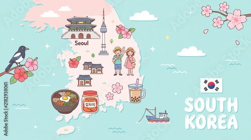 Illustrated decorative map of south korea featuring traditional landmarks and cultural icons korean culture traditional buil