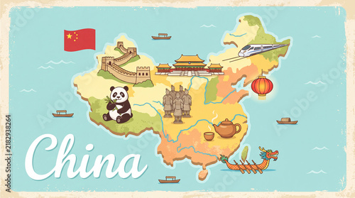 Illustrated map of china with famous landmarks and cultural icons great wall dragon boat map art east asia landmarks