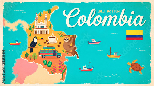 Colombia illustrated map with native wildlife and iconic landmarks south america colombian culture map design country