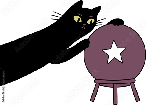 Black cat peering at a purple crystal ball for halloween