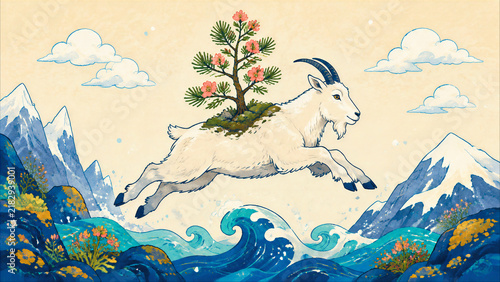 White goat carrying a tree above mountain waves illustration