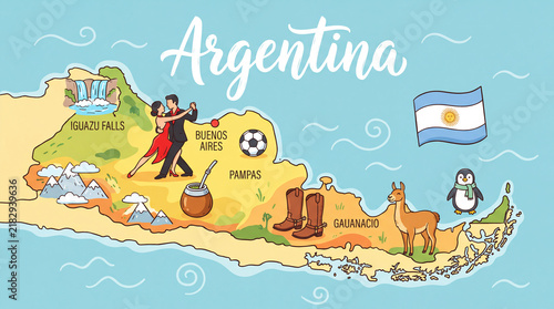 Illustrated map of argentina with tango and wildlife icons south america argentina illustration geography background
