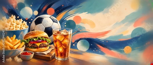 Sports football snacks with burger popcorn fries and iced drink with watercolor motion splashes